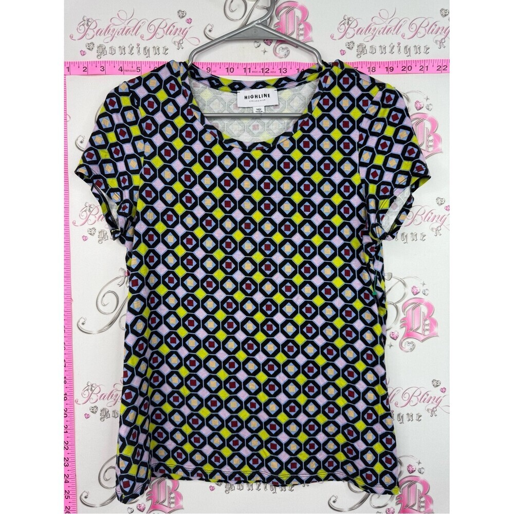 Highline Geometric Print Short Sleeve Top - Black, Blue, Yellow, Pink
